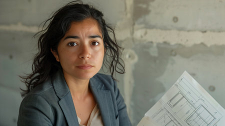 Hispanic Female Architect with Blue Blazer and Architectural Plansの素材