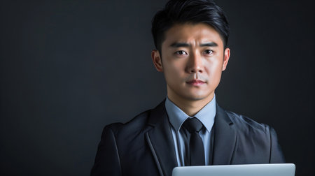 Confident Asian Male Business Executive in Business Suit Holding Laptopの素材
