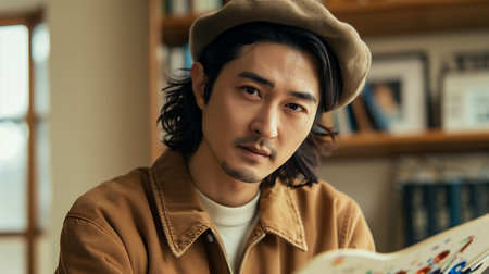 Portrait of Asian Male Artist with Beret and Paint Paletteの素材