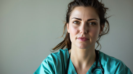 Caucasian Female Nurse in Blue Scrubs with Stethoscopeの素材