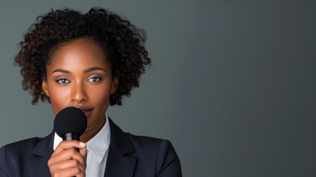 Confident African American female journalist with microphone in business suitの素材