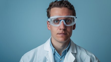 Serious Caucasian Male Scientist in Lab Coat and Safety Gogglesの素材