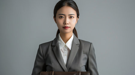 Professional Asian Businesswoman in Suit Holding Briefcaseの素材