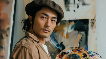 Portrait of Asian Male Artist with Beret and Paint Paletteの素材