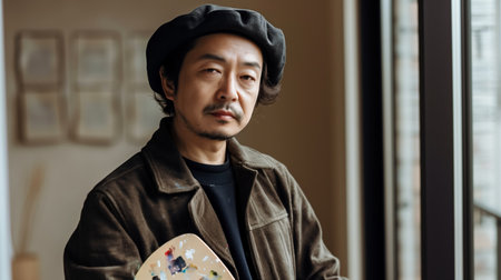 Portrait of Asian Male Artist with Beret and Paint Paletteの素材