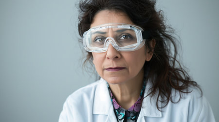 Middle Eastern Female Scientist in Lab Coat and Safety Gogglesの素材