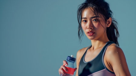 Asian Female Fitness Trainer Holding Water Bottleの素材