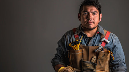 Hispanic Male Carpenter with Tool Belt and Work Glovesの素材
