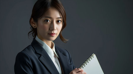 Asian Female Journalist in Business Suit Holding Notebook  Portrait Photographの素材