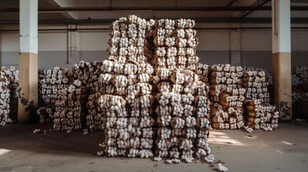 Raw Cotton Bales in Textile Factory Industrial Manufacturing Sceneの素材