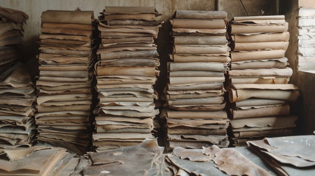 Raw Leather Hides in Tannery  Industrial Workspaceの素材