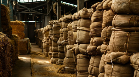 Raw Jute Bundles in Industrial Setting Brown and Greenの素材