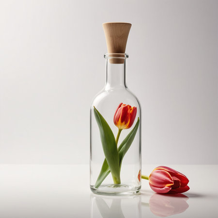Clear Glass Bottle with Tulip Against White Background Highlighting Transparency and Light Playの素材