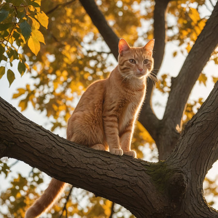 Graceful Orange Cat on Ancient Oak Tree at Golden Hourの素材