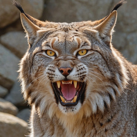 Fierce Lynx Portrait Intense Yellow Eyes and Sharp Teeth on Rocky Backgroundの素材