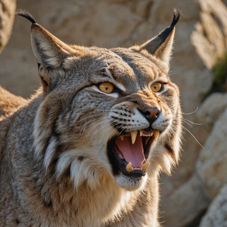 Fierce Lynx Portrait Intense Yellow Eyes and Sharp Teeth on Rocky Backgroundの素材