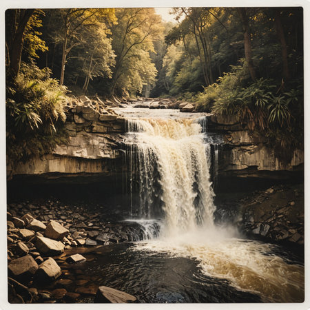 Tranquil Waterfall Vintage Polaroid Capture of Serene Landscapeの素材
