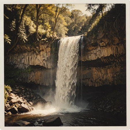 Tranquil Waterfall Vintage Polaroid Capture of Serene Landscapeの素材