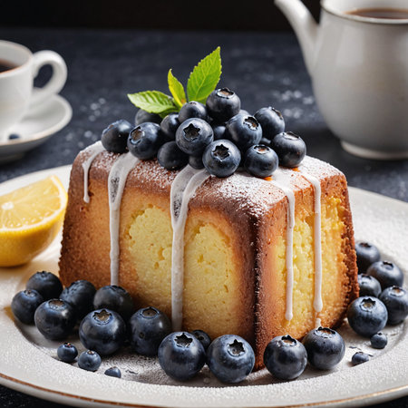 Delicious Pound Cake with Blueberries and Lemon Glaze on White Backgroundの素材