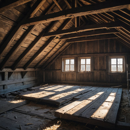 Forgotten Charm Vintage Wooden Attic with Cobwebs in Earthy Tonesの素材
