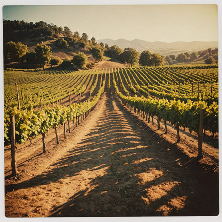 Golden Vineyard Serenity A Polaroid Snapshot of Tranquil Wine Countryの素材