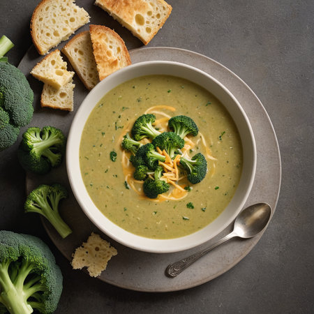 Savory Broccoli Cheddar Soup in Rustic Bowl on Wooden Tableの素材