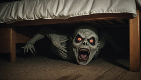 Midnight Terrors Spooky Ghost and Monster Under Bed in Shadowsの素材