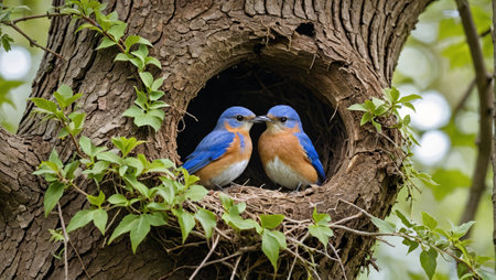 Bluebirds Nesting in Hollow Tree Surrounded by Green Foliageの素材