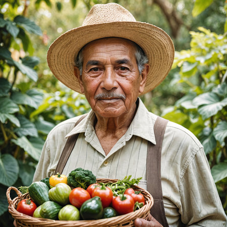 Senior Hispanic man holding basket of fresh vegetables in gardenの素材