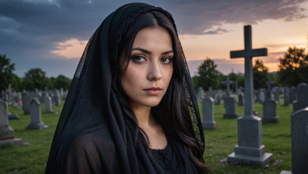 Dark Angel Mysterious Woman in Black Veil in Graveyard at Duskの素材