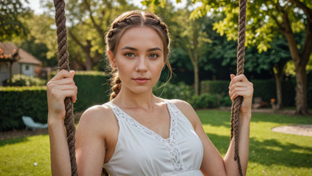 Serene Beauty Closeup Portrait of Woman with Braided Hair on Garden Swingの素材