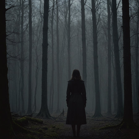 Silhouette of Woman Standing at Edge of Mysterious Forestの素材