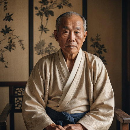 Tranquil Elderly Asian Man in Traditional Robe Seated by Paper Screenの素材