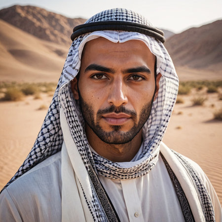 Middle Eastern Man Contemplating in Traditional Attire in Desert Landscapeの素材