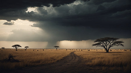Dramatic African Savanna Landscape under Stormy Skiesの素材