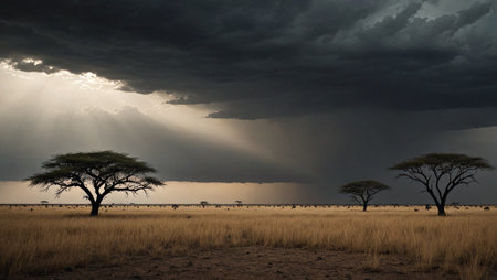 Dramatic African Savanna Landscape under Stormy Skiesの素材