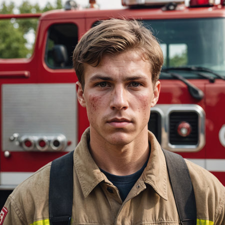 Serious Young Firefighter in Uniform Standing Near Fire Truckの素材