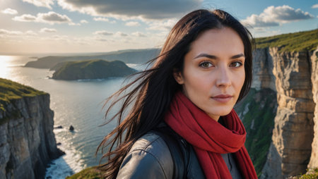 RavenHaired Beauty Woman in Red Scarf Posing at Cliffs Edgeの素材
