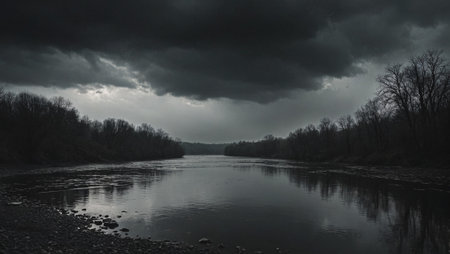 Gloomy Riverbank Moody Waterscape with Reflective Ambianceの素材