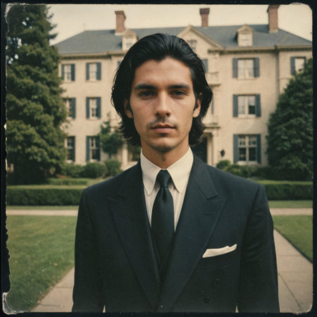 Elegant Man in Black Suit Standing in Front of Stately Mansion  Vintage Polaroid Printの素材