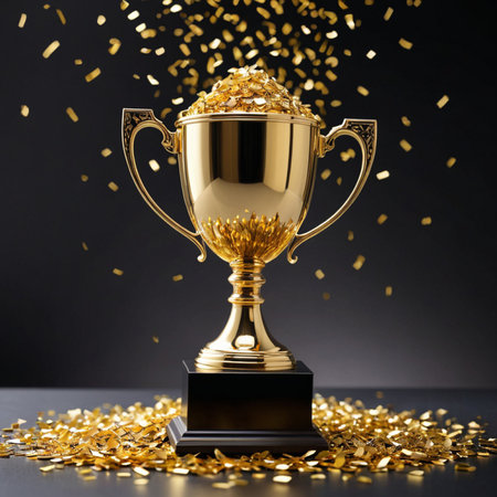 Golden Trophy Cup Surrounded by Shimmering Confettiの素材