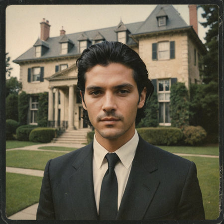 Elegant Man in Black Suit Standing in Front of Stately Mansion  Vintage Polaroid Printの素材