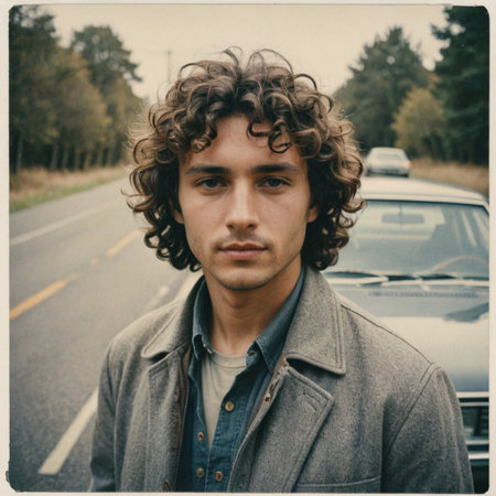 Curlyhaired man in gray jacket posing by vintage car on lonely road Vintage Polaroid Snapshotの素材