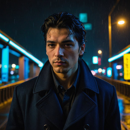 Night Stroll Mysterious Man in Navy Blue Coat Crossing NeonLit Bridgeの素材