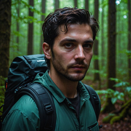 Explorer in the Shadows Neon Portrait in the Wildernessの素材