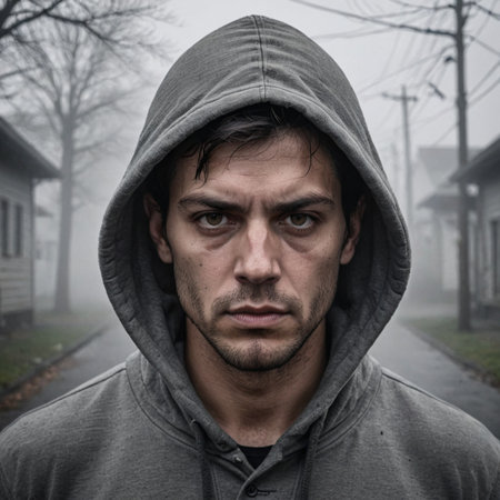 Inhabitant of the Mist Man in Gray Hoodie Walking Through Foggy Townの素材