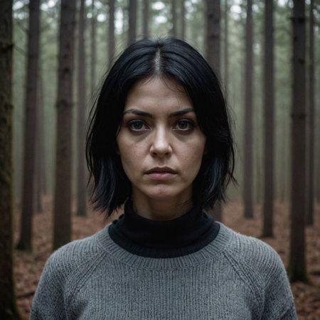 Mysterious Woman At Forest Edge Spooky Headshot In Gray Sweaterの素材