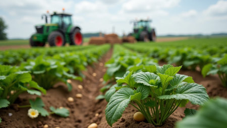 Harvest Time Potato Plants Ready for Harvesting with Tractor in Backgroundの素材