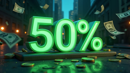 Glowing 50 OFF sign amid money cityscape spotlightsの素材