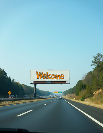 Welcome billboard against scenic highway backdropの素材